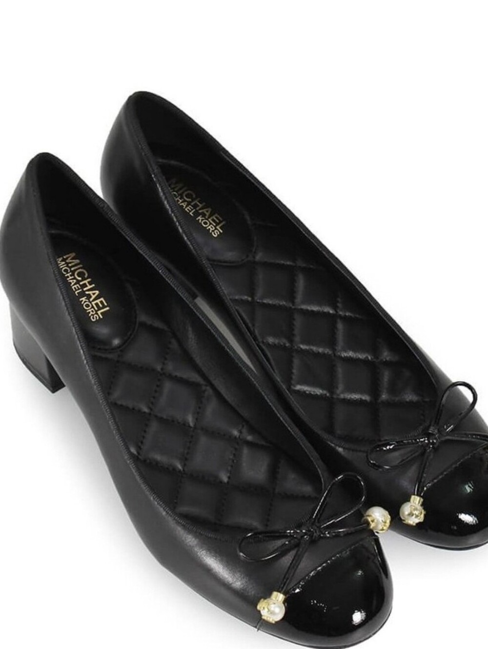 Michael Kors MK Gia Designer Ball Black Block Low Heel Patent Cap Toe Bow 7.5